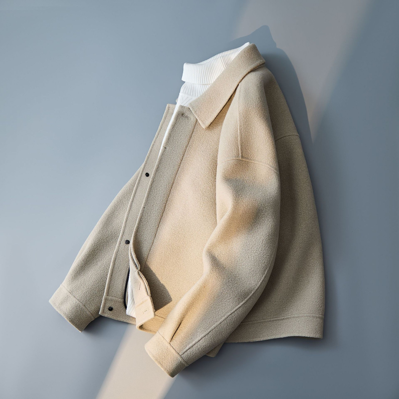 Palton scurt din lână, dublu aspect, guler Turn-Down, curea, închidere cu nasturi, modă de iarnă