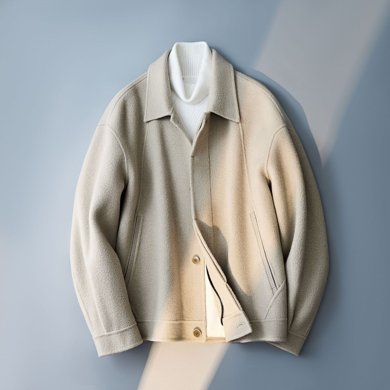 Palton scurt din lână, dublu aspect, guler Turn-Down, curea, închidere cu nasturi, modă de iarnă