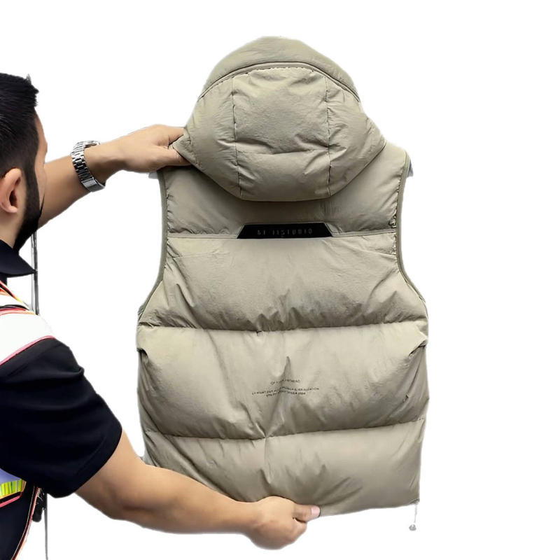 Muško pamučno jakna-vest s kapuljom, punilo od pamuka, slobodan kroj, jednobojni uzorak, obostrano