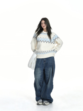 Oversize pleteni pulover s kapuljom, okrugli izrez, dugi rukavi, debeli poliester pleteni materijal, vintage Fair Isle uzorak