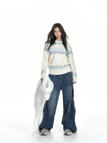 Oversize pleteni pulover s kapuljom, okrugli izrez, dugi rukavi, debeli poliester pleteni materijal, vintage Fair Isle uzorak