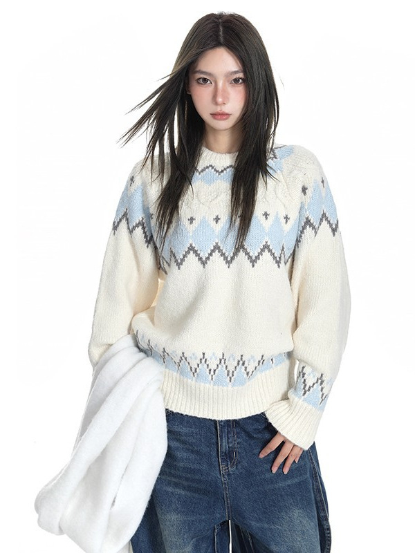 Oversize pleteni pulover s kapuljom, okrugli izrez, dugi rukavi, debeli poliester pleteni materijal, vintage Fair Isle uzorak