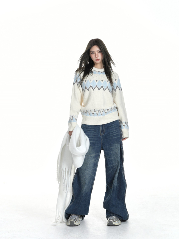 Oversize pleteni pulover s kapuljom, okrugli izrez, dugi rukavi, debeli poliester pleteni materijal, vintage Fair Isle uzorak