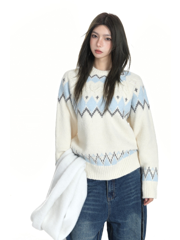 Oversize pleteni pulover s kapuljom, okrugli izrez, dugi rukavi, debeli poliester pleteni materijal, vintage Fair Isle uzorak