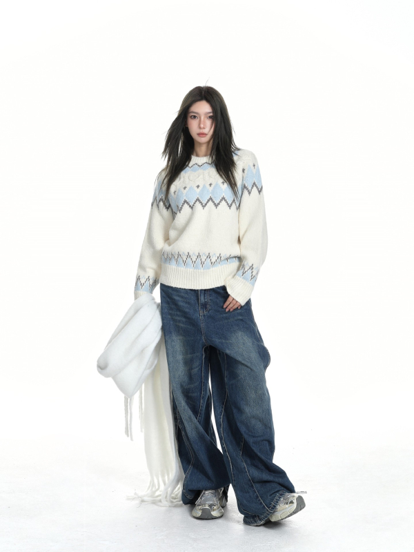 Oversize pleteni pulover s kapuljom, okrugli izrez, dugi rukavi, debeli poliester pleteni materijal, vintage Fair Isle uzorak