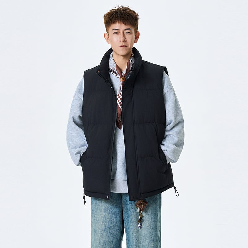 Vesta călduroasă pentru bărbați, fără mâneci, guler înalt, închidere cu fermoar, căptușeală poliester, culoare solidă, buzunare pe șolduri, tiv drept