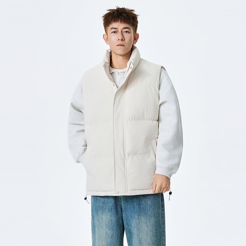 Vesta călduroasă pentru bărbați, fără mâneci, guler înalt, închidere cu fermoar, căptușeală poliester, culoare solidă, buzunare pe șolduri, tiv drept