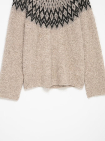 Pulover s kružnim izrezom i jacquard pleteninom, poliester, srednje debljine, slobodan kroj, dugi rukavi, jesen 2025, street style
