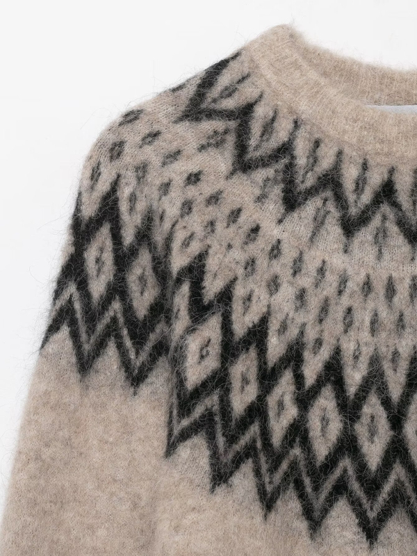 Pulover s kružnim izrezom i jacquard pleteninom, poliester, srednje debljine, slobodan kroj, dugi rukavi, jesen 2025, street style
