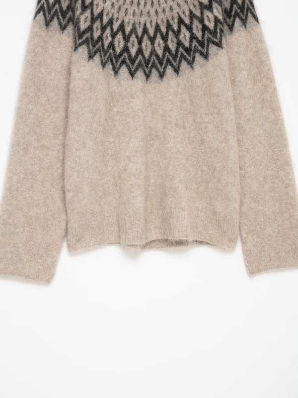 Pulover s kružnim izrezom i jacquard pleteninom, poliester, srednje debljine, slobodan kroj, dugi rukavi, jesen 2025, street style