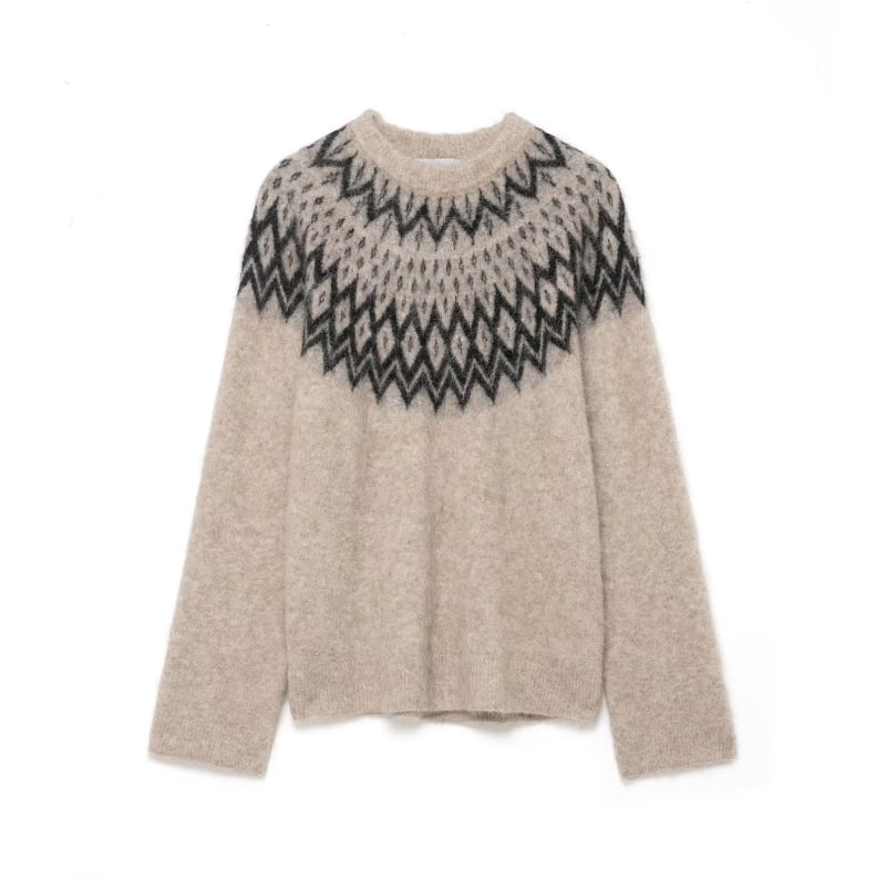 Pulover s kružnim izrezom i jacquard pleteninom, poliester, srednje debljine, slobodan kroj, dugi rukavi, jesen 2025, street style