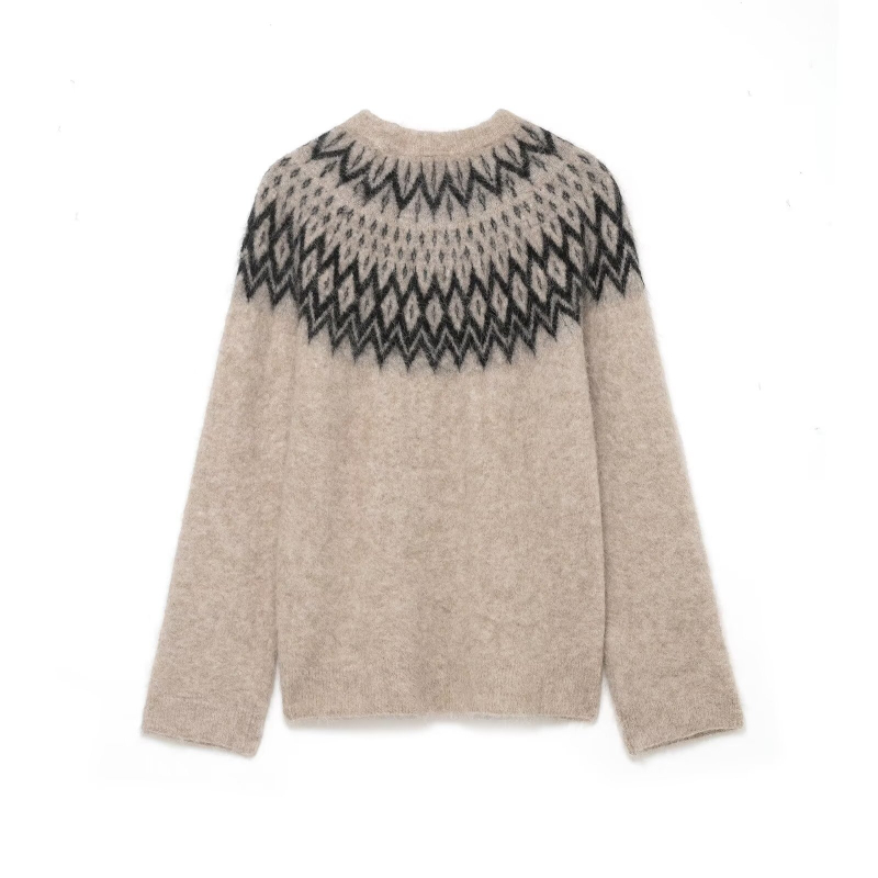 Pulover s kružnim izrezom i jacquard pleteninom, poliester, srednje debljine, slobodan kroj, dugi rukavi, jesen 2025, street style