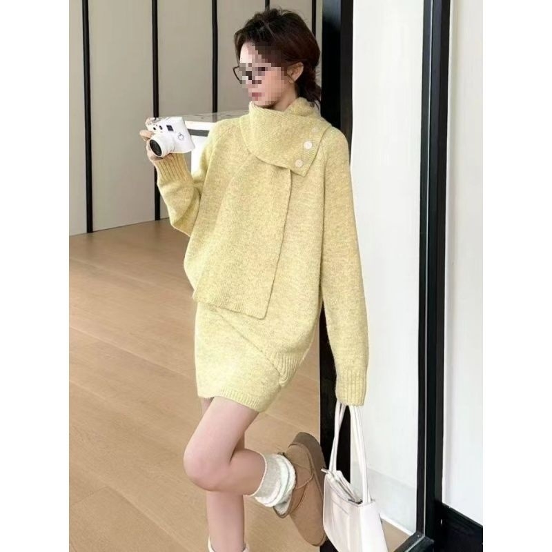 Chenille dvodijelni set: pulover s V izrezom i suknja, dugi rukavi, drop-shoulder detalj