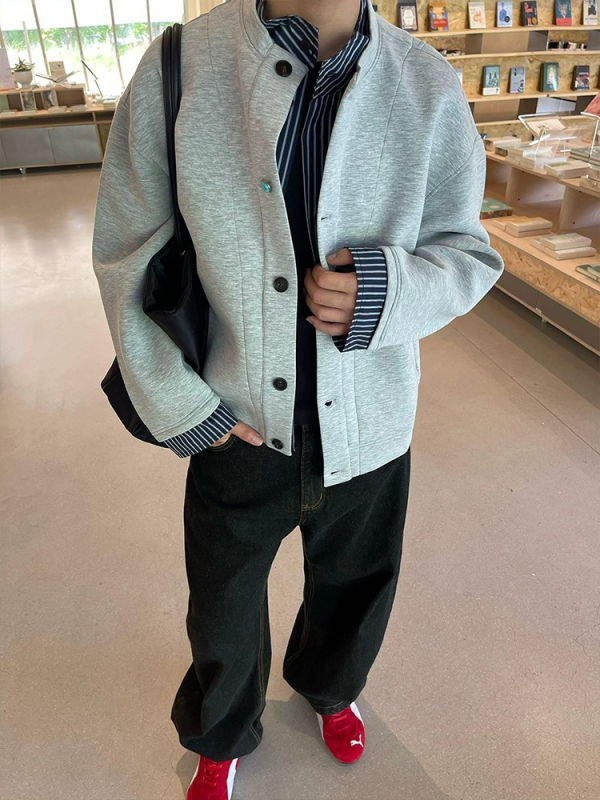 Unisex jakna s patchwork kolazom, stojeći ovratnik, širok kroj, srednja duljina, 100% poliester