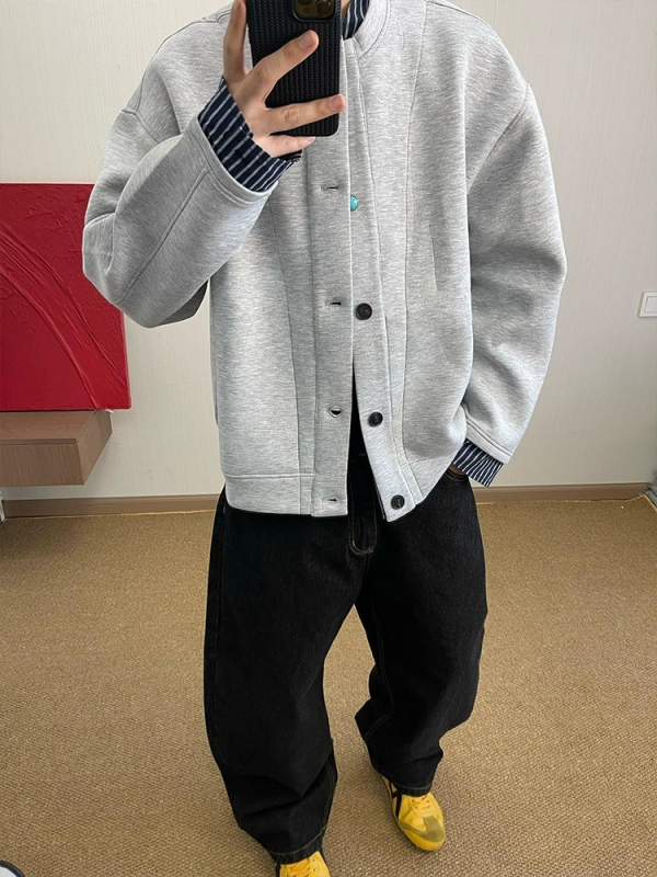 Unisex jakna s patchwork kolazom, stojeći ovratnik, širok kroj, srednja duljina, 100% poliester