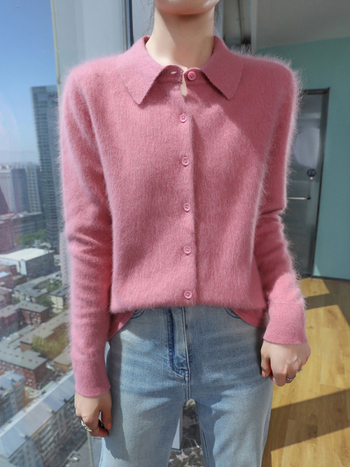 Női műmink kardigán polo gallérral, karcsú szabású, kötött dizájn, tavasz 2025