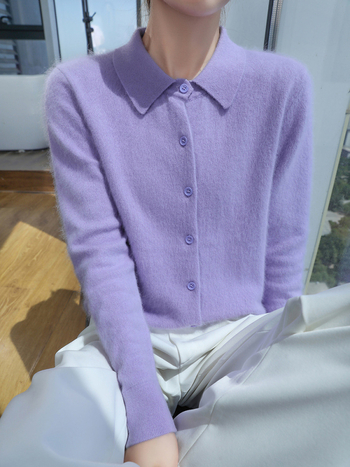 Női műmink kardigán polo gallérral, karcsú szabású, kötött dizájn, tavasz 2025