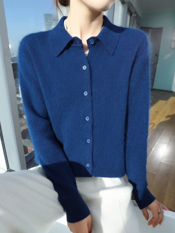 Női műmink kardigán polo gallérral, karcsú szabású, kötött dizájn, tavasz 2025