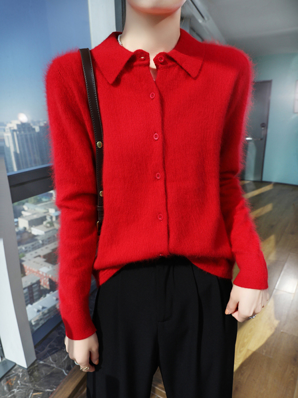 Női műmink kardigán polo gallérral, karcsú szabású, kötött dizájn, tavasz 2025