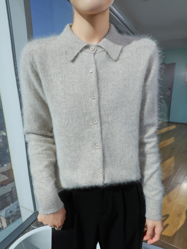 Női műmink kardigán polo gallérral, karcsú szabású, kötött dizájn, tavasz 2025