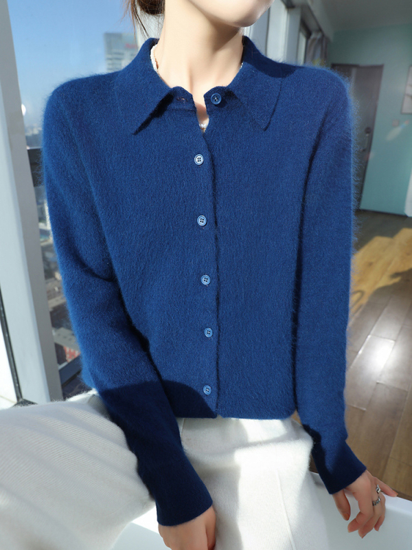 Női műmink kardigán polo gallérral, karcsú szabású, kötött dizájn, tavasz 2025