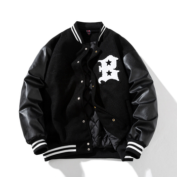 PU kožna jakna s patchwork detaljima u baseball stilu, stojeći ovratnik, zatvarač, debela prošivena podstava za zimu