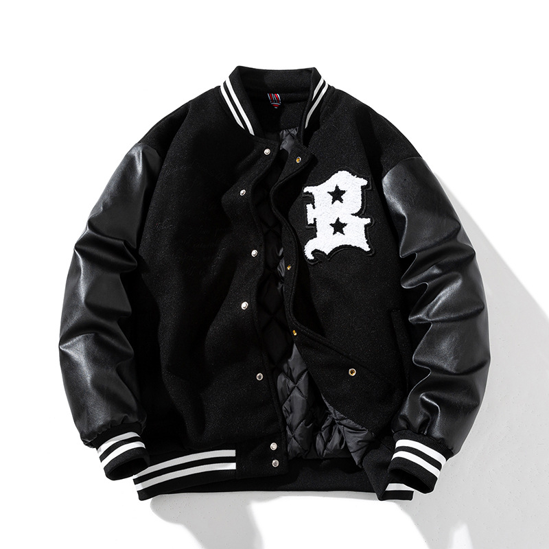 PU kožna jakna s patchwork detaljima u baseball stilu, stojeći ovratnik, zatvarač, debela prošivena podstava za zimu