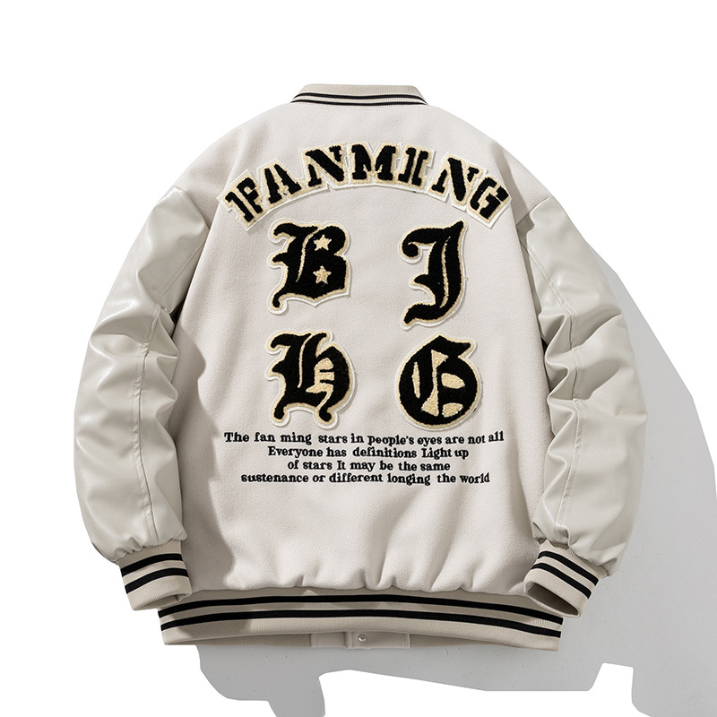 PU kožna jakna s patchwork detaljima u baseball stilu, stojeći ovratnik, zatvarač, debela prošivena podstava za zimu