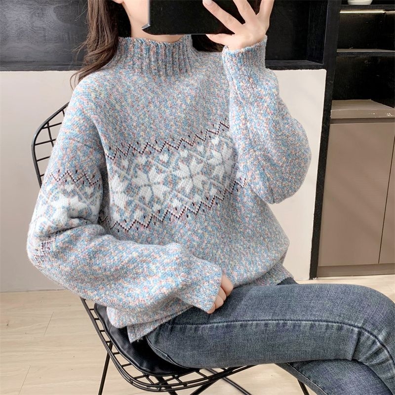 Pleteni pulover od ovčje vune i Ice Silk — polu-visoki ovratnik, slobodan kroj, princevski rukavi