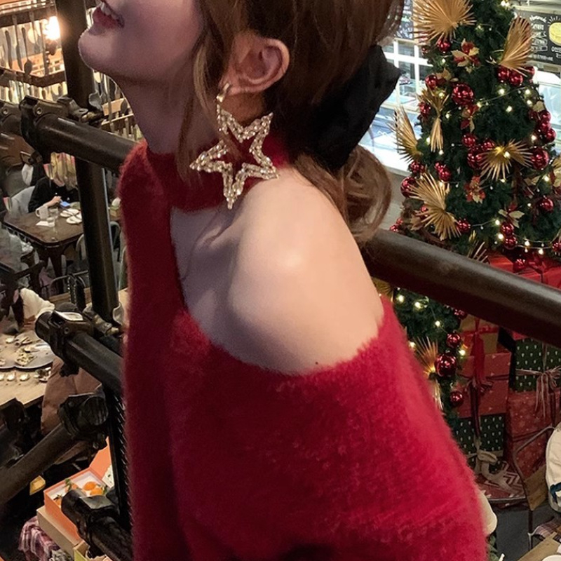 Ženski opušteni pleteni džemper s kapuljom, šikni ovratnik, pamuk-poliester smjesa, jednobojni pleteni, dugi rukavi