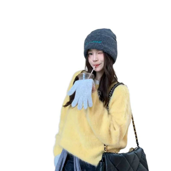 Ženski Mink Knit pulover, okrugli ovratnik, lampast rukav, debeli pleteni materijal, standardna duljina