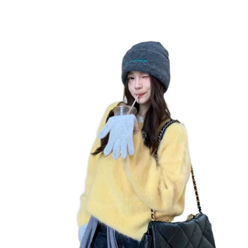Ženski Mink Knit pulover, okrugli ovratnik, lampast rukav, debeli pleteni materijal, standardna duljina