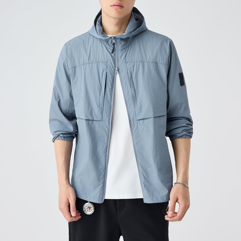 Muška jakna s kapuljačom i više džepova, lagana najlonsko-mješavina, UPF50+, zatvarač