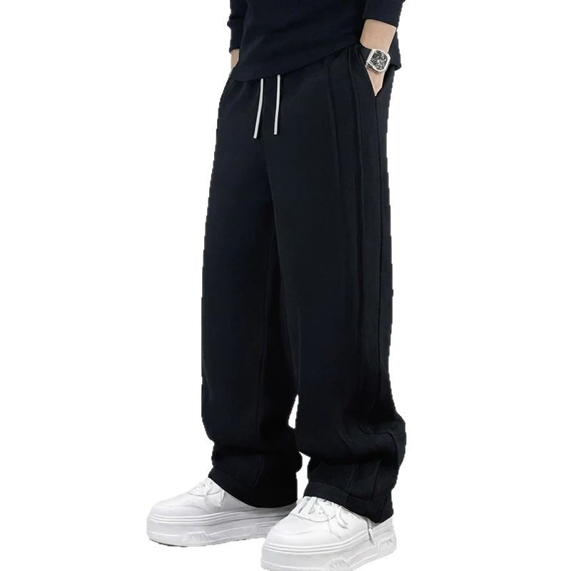 Muške plisirane sweatpants, američkog stila, slobodan kroj s ravnim nogavicama, poliester, proljeće 2025