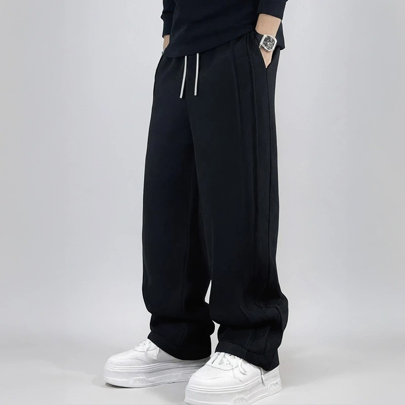 Muške plisirane sweatpants, američkog stila, slobodan kroj s ravnim nogavicama, poliester, proljeće 2025