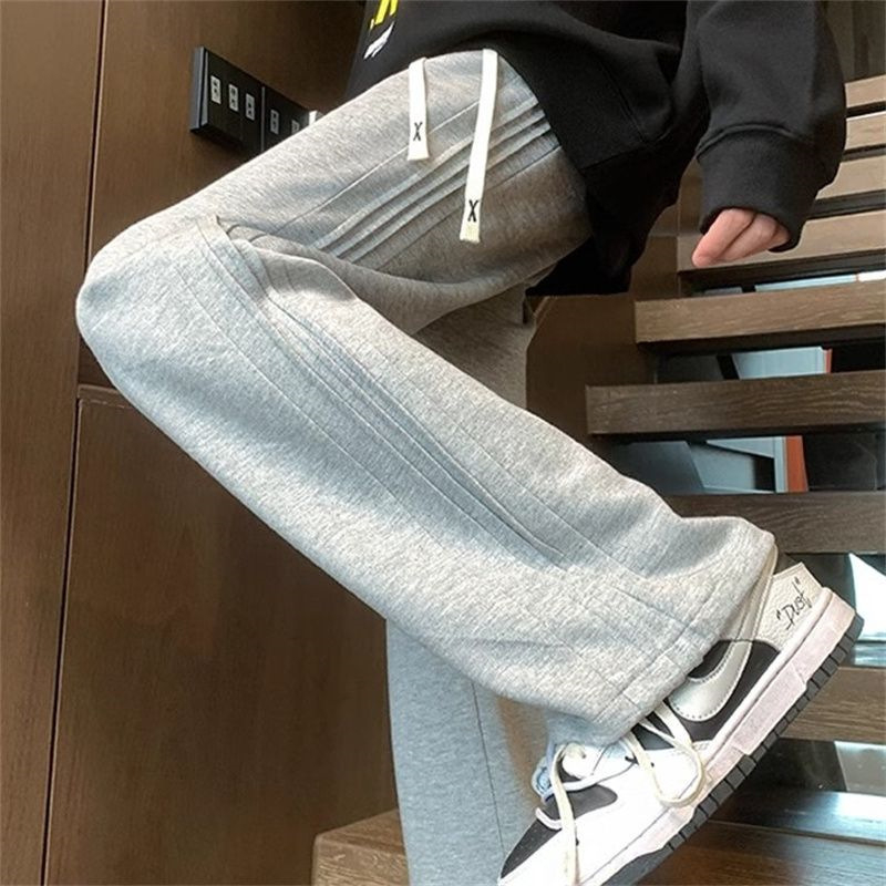 Muške plisirane sweatpants, američkog stila, slobodan kroj s ravnim nogavicama, poliester, proljeće 2025