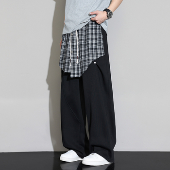 Καθημερινά unisex βαμβακερά παντελόνια με φαρδιά γραμμή και αποσπώμενο overlay, καρό σχέδιο, μεσαία μέση, μακριά