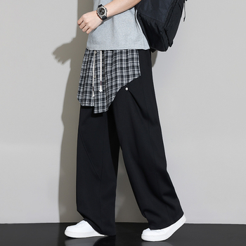 Καθημερινά unisex βαμβακερά παντελόνια με φαρδιά γραμμή και αποσπώμενο overlay, καρό σχέδιο, μεσαία μέση, μακριά