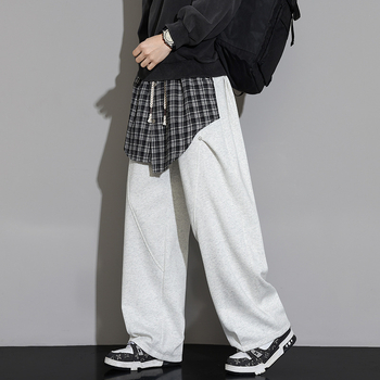 Καθημερινά unisex βαμβακερά παντελόνια με φαρδιά γραμμή και αποσπώμενο overlay, καρό σχέδιο, μεσαία μέση, μακριά