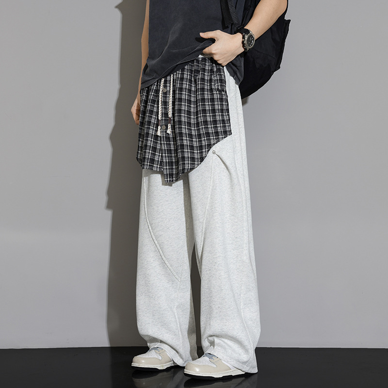 Καθημερινά unisex βαμβακερά παντελόνια με φαρδιά γραμμή και αποσπώμενο overlay, καρό σχέδιο, μεσαία μέση, μακριά