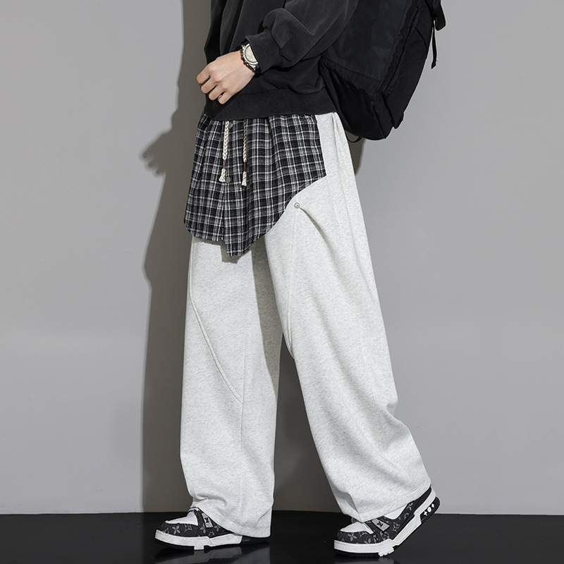 Καθημερινά unisex βαμβακερά παντελόνια με φαρδιά γραμμή και αποσπώμενο overlay, καρό σχέδιο, μεσαία μέση, μακριά