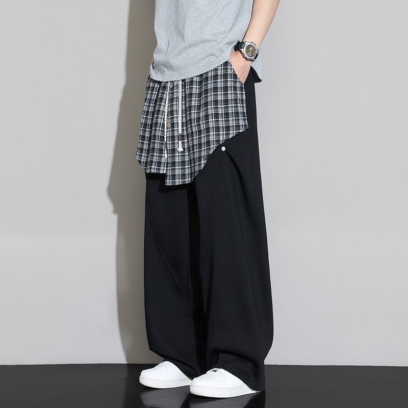 Καθημερινά unisex βαμβακερά παντελόνια με φαρδιά γραμμή και αποσπώμενο overlay, καρό σχέδιο, μεσαία μέση, μακριά