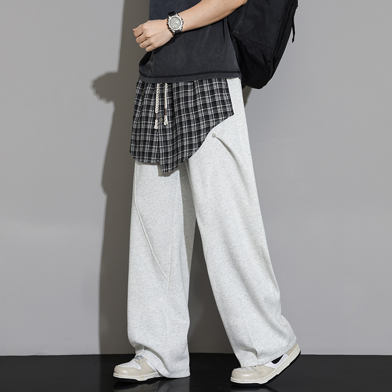 Καθημερινά unisex βαμβακερά παντελόνια με φαρδιά γραμμή και αποσπώμενο overlay, καρό σχέδιο, μεσαία μέση, μακριά