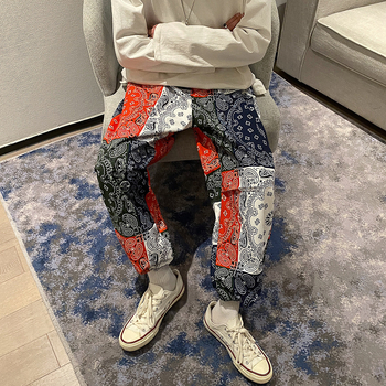 Τυπωμένες παντελόνες casual, μείγμα βαμβακιού, άνετη εφαρμογή, στυλ Hong Kong, μικρή ίσια μανσέτα