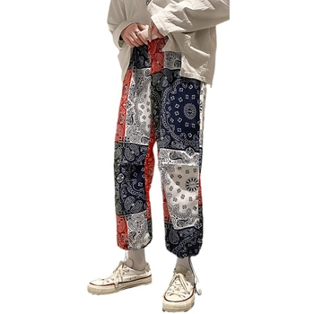 Τυπωμένες παντελόνες casual, μείγμα βαμβακιού, άνετη εφαρμογή, στυλ Hong Kong, μικρή ίσια μανσέτα