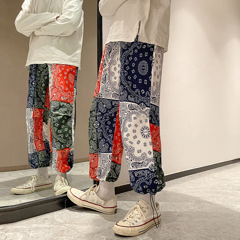 Τυπωμένες παντελόνες casual, μείγμα βαμβακιού, άνετη εφαρμογή, στυλ Hong Kong, μικρή ίσια μανσέτα