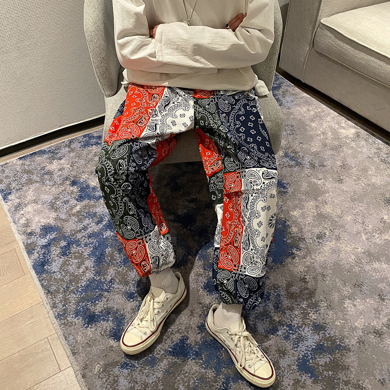 Τυπωμένες παντελόνες casual, μείγμα βαμβακιού, άνετη εφαρμογή, στυλ Hong Kong, μικρή ίσια μανσέτα