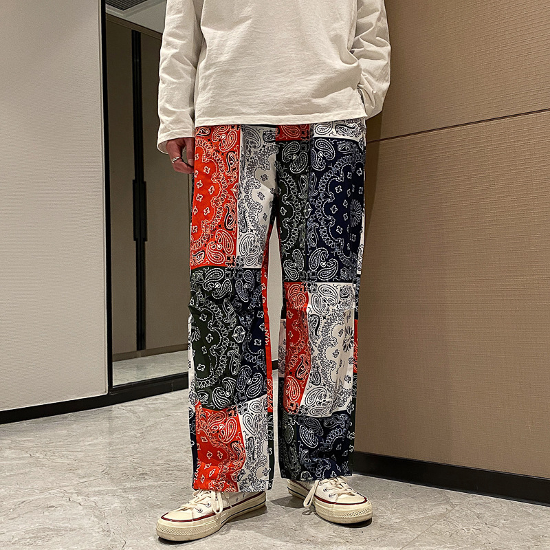 Τυπωμένες παντελόνες casual, μείγμα βαμβακιού, άνετη εφαρμογή, στυλ Hong Kong, μικρή ίσια μανσέτα