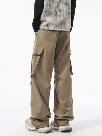 Cargo παντελόνια, χαλαρή γραμμή μέσης, ίσια γραμμή, πλυμένο πολυεστερικό μείγμα, μακριά παντελόνια