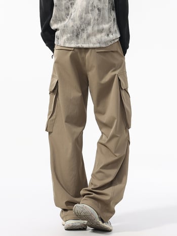 Cargo παντελόνια, χαλαρή γραμμή μέσης, ίσια γραμμή, πλυμένο πολυεστερικό μείγμα, μακριά παντελόνια